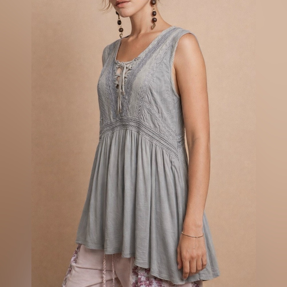 POL | Babydoll Tunic Top | Boho Lace Detail Tie Front | Silver Gray | S